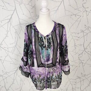 Lapis Purple Leaves Sheer Lace Trim Sheer Keyhole Blouse